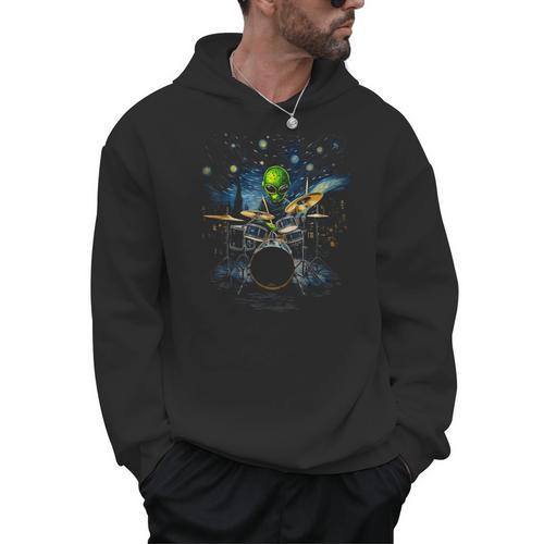 Drum Kit Percussionist Drummer Van Gogh Alien Playing Drums Men Hoodie - Downbeat Supply