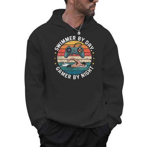Swimmer By Day Gamer By Night Swimming Vintage Gaming Swim Men Hoodie - SwimGear Co