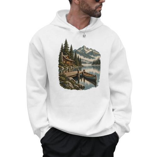 Lakeside Canoe Cabin Escape Scene Men Hoodie - Paddle Life