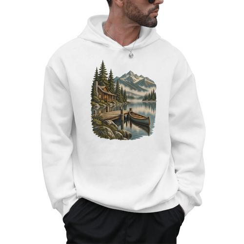 Lakeside Canoe Cabin Escape Scene Raglan Baseball Tee Men Hoodie - Paddle Life