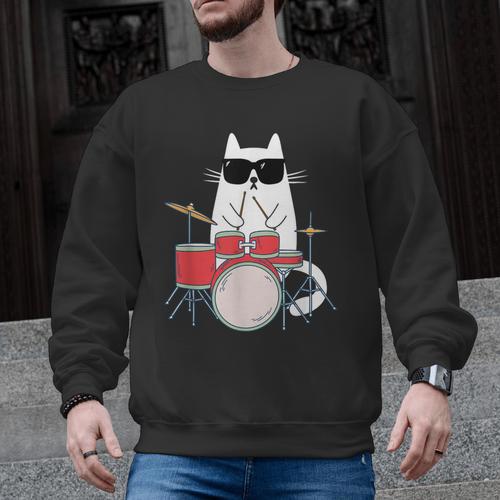 Cat Wearing Sunglasses Playing Drums Drum Kit Musician Men Graphic Sweatshirt - Downbeat Supply