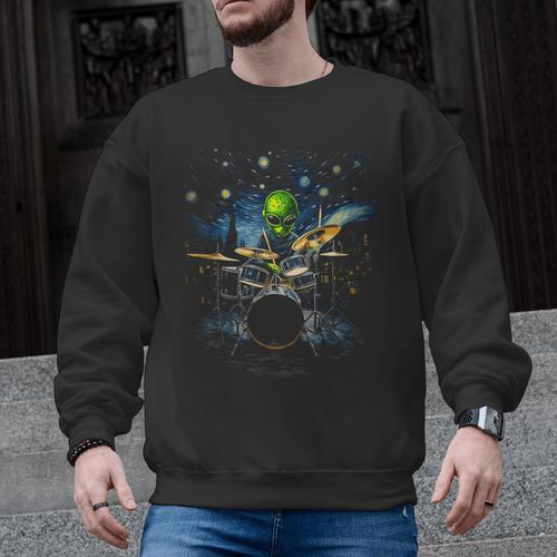 Drum Kit Percussionist Drummer Van Gogh Alien Playing Drums Men Graphic Sweatshirt - Downbeat Supply