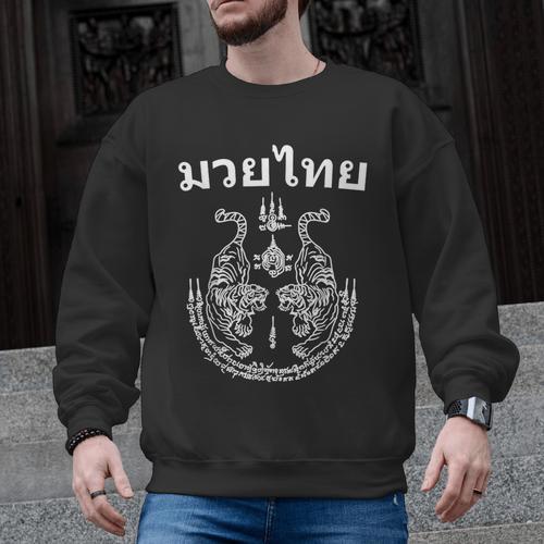 Muay Thai Language Sak Yant Art Tattoo Twin Tiger Kickboxing Men Graphic Sweatshirt - Nak Muay Co.