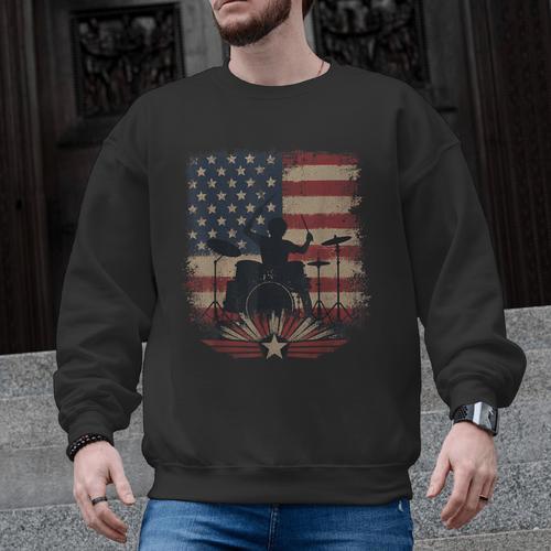 Patriotic Drum Kit Silhouette American Flag Men Graphic Sweatshirt - Downbeat Supply