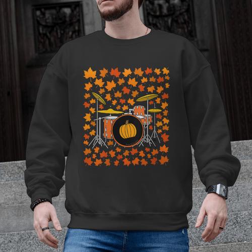 Women's Drum Kit With Leaves Fall Drummer Autumn Musician Men Graphic Sweatshirt - Downbeat Supply