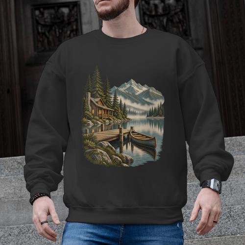 Women's Lakeside Canoe Cabin Escape Scene Men Graphic Sweatshirt - Paddle Life