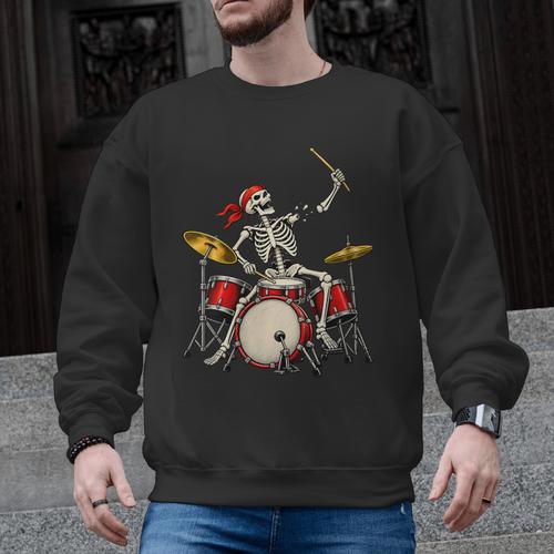 Women's Skeleton Drummer Skull Drum Kit Halloween Men Graphic Sweatshirt - Downbeat Supply