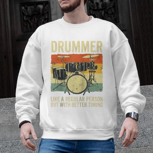 Drummer Better Timing Retro Vintage Sunset Drum Kit Graphic Raglan Baseball Tee Men Graphic Sweatshirt - Downbeat Supply