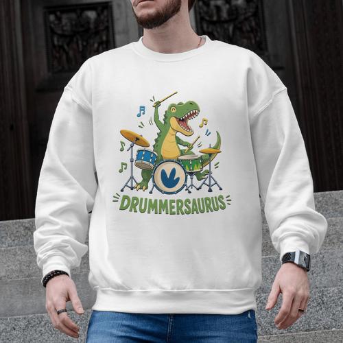 T-Rex Drumming With Drum Kit And Musical Notes Men Graphic Sweatshirt - Downbeat Supply