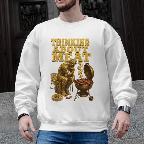 Thinking About Meat BBQ Dad Humor Raglan Baseball Tee Men Graphic Sweatshirt - BBQ Dad Merch