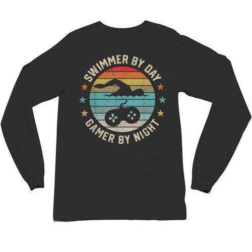 Swimmer By Day Gamer By Night Swimming Swim Lover Gaming Unisex Long Sleeve T-Shirt - SwimGear Co