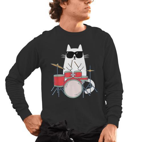Cat Wearing Sunglasses Playing Drums Drum Kit Musician Men's Long Sleeve T-Shirt - Downbeat Supply