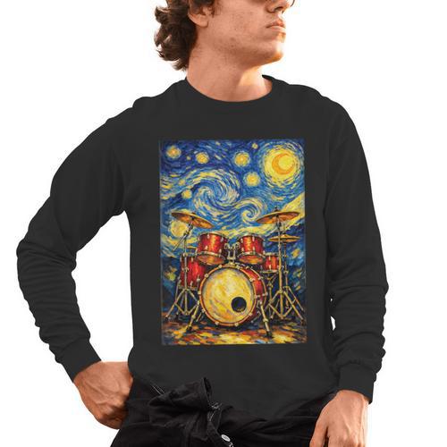 Starry Night Drum Kit Van Gogh Style Art Men's Long Sleeve T-Shirt - Downbeat Supply