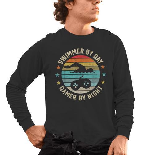 Swimmer By Day Gamer By Night Swimming Swim Lover Gaming Men's Long Sleeve T-Shirt - SwimGear Co