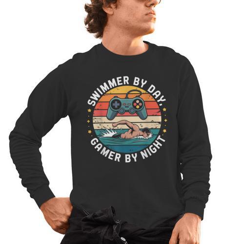 Swimmer By Day Gamer By Night Swimming Vintage Gaming Swim Men's Long Sleeve T-Shirt - SwimGear Co
