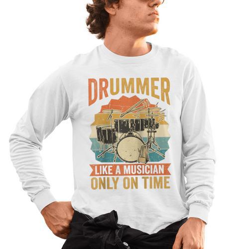 Drummer Like a Musician Only On Time Vintage Sunset Drum Kit Raglan Baseball Tee Men's Long Sleeve T-Shirt - Downbeat Supply