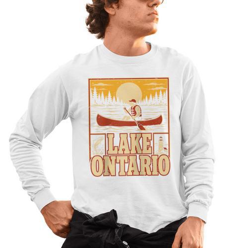 Lake Ontario Canoe Fishing Light House Sunset Retro Raglan Baseball Tee Men's Long Sleeve T-Shirt - Paddle Life