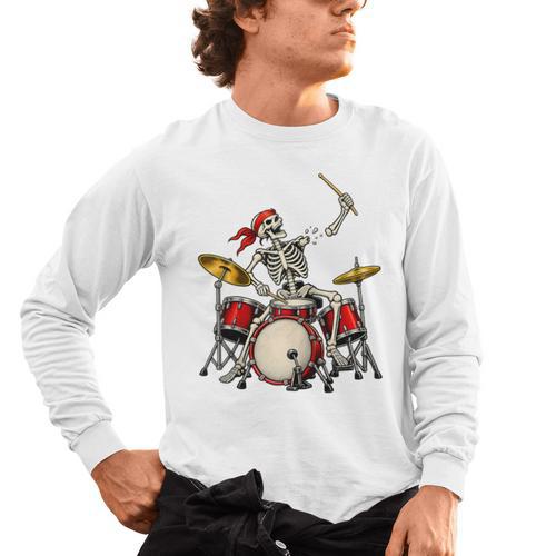 Skeleton Drummer Skull Drum Kit Halloween Raglan Baseball Tee Men's Long Sleeve T-Shirt - Downbeat Supply