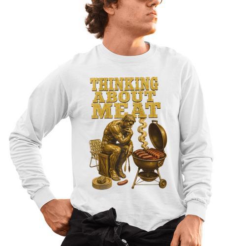 Thinking About Meat BBQ Dad Humor Raglan Baseball Tee Men's Long Sleeve T-Shirt - BBQ Dad Merch