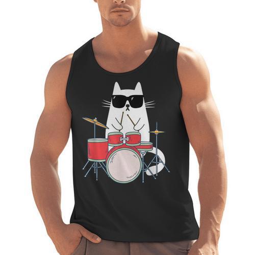 Cat Wearing Sunglasses Playing Drums Drum Kit Musician Men Tank Top - Downbeat Supply