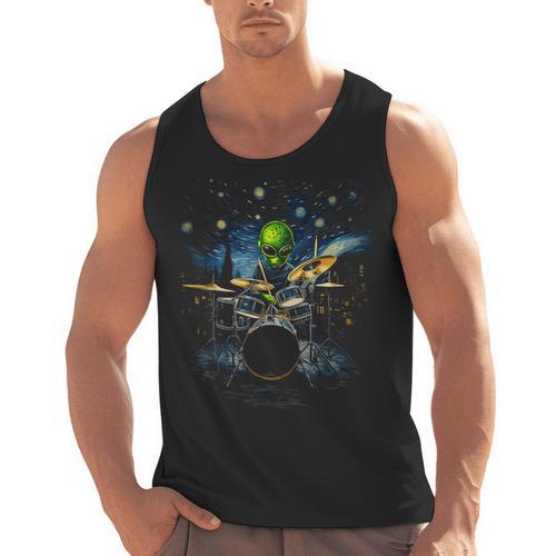 Drum Kit Percussionist Drummer Van Gogh Alien Playing Drums Men Tank Top - Downbeat Supply
