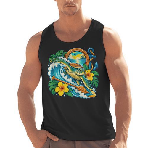 Green Sea Turtle Surfs Past a Canoe Paddle Sleeveless Men Tank Top - Paddle Life