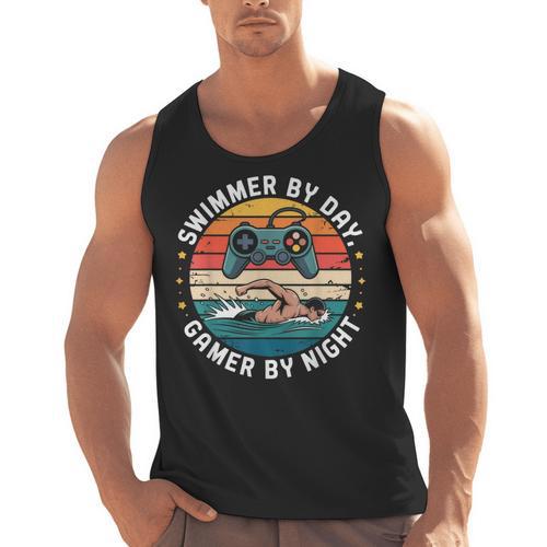 Swimmer By Day Gamer By Night Swimming Vintage Gaming Swim Men Tank Top - SwimGear Co