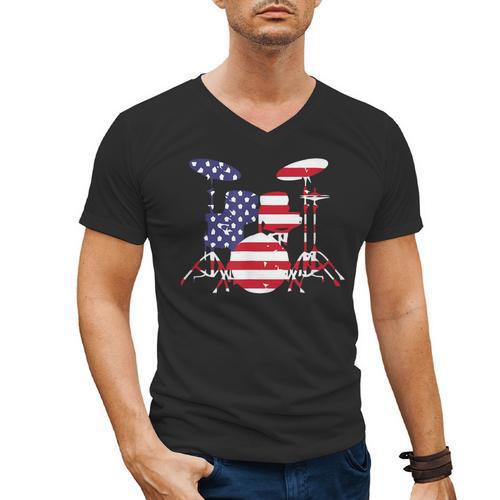 American Flag Drum Kit Patriotic US Drum Art Men's V-Neck T-Shirt - Downbeat Supply