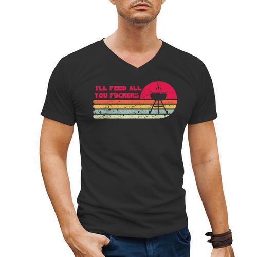 BBQ Dad Joke I'Ll Feed All You Fuckers Barbecue Cookout Chef Men's V-Neck T-Shirt - BBQ Dad Merch