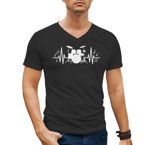 Drum Kit Heartbeat Drummer Music Lover EKG Pulse Set Note Men's V-Neck T-Shirt - Downbeat Supply