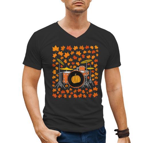 Drum Kit With Leaves Fall Drummer Autumn Musician Men's V-Neck T-Shirt - Downbeat Supply