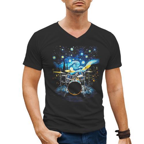Drum Kit Percussionist Drummer Van Gogh Drums Men's V-Neck T-Shirt - Downbeat Supply