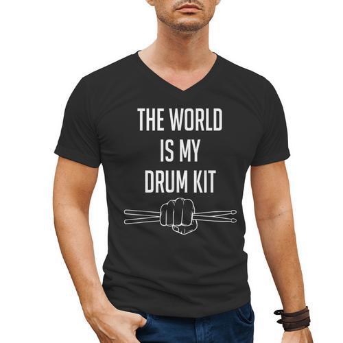 Drummer Saying The World Is My Drum Kit Men's V-Neck T-Shirt - Downbeat Supply