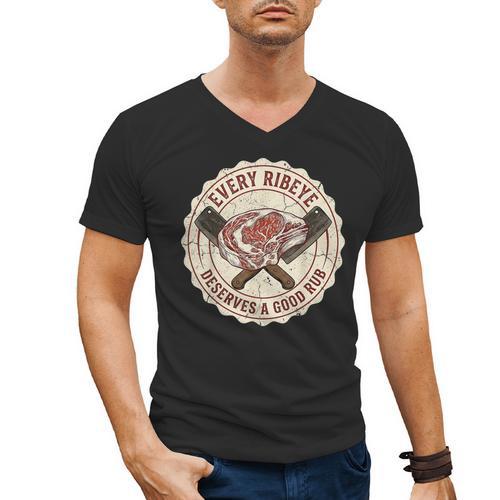 Every Ribeye Deserves A Good Rub BBQ Dad Grilling Men's V-Neck T-Shirt - BBQ Dad Merch
