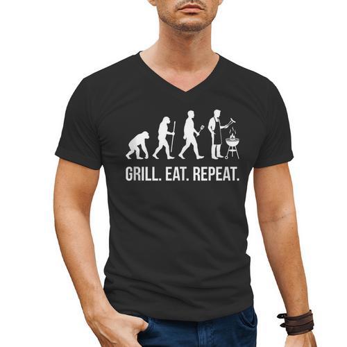 Grill Eat Repeat BBQ Dad Evolution Barbecue Men's V-Neck T-Shirt - BBQ Dad Merch