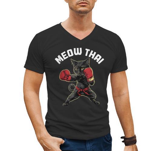 Meow Thai Muay Thai Boxing Cat Martial Arts MMA Boxer Men's V-Neck T-Shirt - Nak Muay Co.