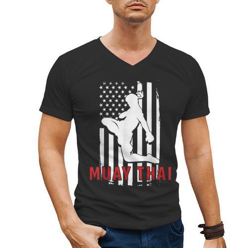 Muay Thai American Flag Fighter Patriotic Men's V-Neck T-Shirt - Nak Muay Co.