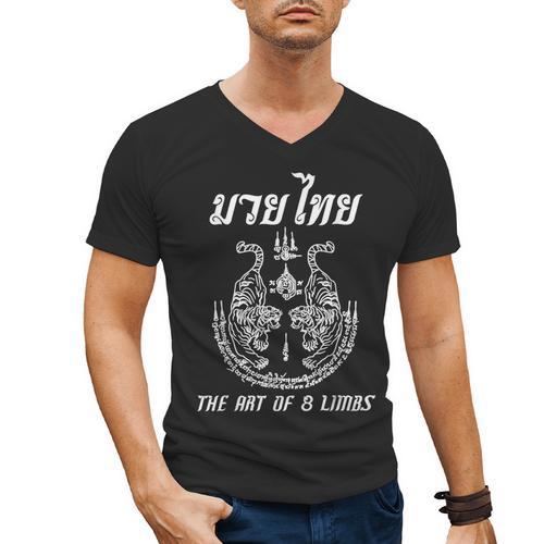 Muay Thai The Art Of 8 Limbs Martial Art Sak Yant Twin Tiger Men's V-Neck T-Shirt - Nak Muay Co.