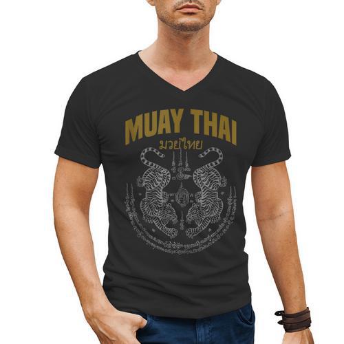 Muay Thai Art Twin Tigers Muay Thai Fighter MMA Martial Arts Men's V-Neck T-Shirt - Nak Muay Co.