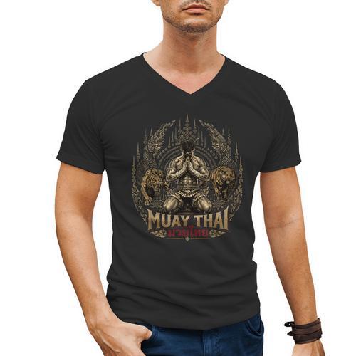 Muay Thai Clinch Vintage Thai Boxing Fighter Art Men's V-Neck T-Shirt - Nak Muay Co.
