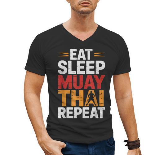 Muay Thai Fighter Eat Sleep Repeat Lifestyle Training Men's V-Neck T-Shirt - Nak Muay Co.