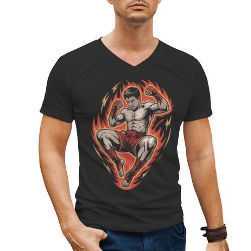 Muay Thai Fighter Teep Push Kick Minimal Line Art Clean Men's V-Neck T-Shirt - Nak Muay Co.