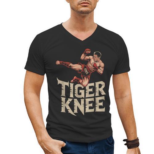Muay Thai Fighter Tiger Knee Vintage Distressed Badge Men's V-Neck T-Shirt - Nak Muay Co.