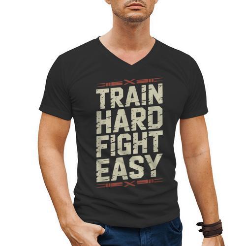 Muay Thai Fighter Train Hard Fight Easy Training Motivation Men's V-Neck T-Shirt - Nak Muay Co.