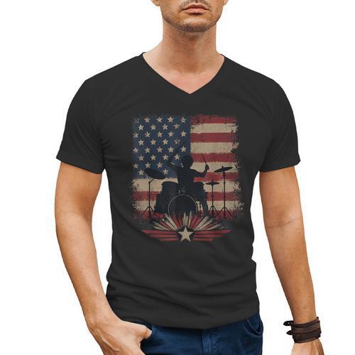 Patriotic Drum Kit Silhouette American Flag Men's V-Neck T-Shirt - Downbeat Supply