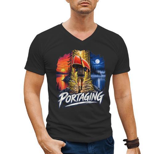 Portaging Canoe Wilderness Adventure Scenic Graphic Men's V-Neck T-Shirt - Paddle Life