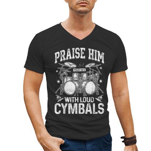 Praise Him With Loud Cymbals Psalm 150-5 Vintage Drum Kit Men's V-Neck T-Shirt - Downbeat Supply