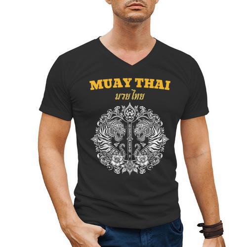 Sak Yant Muay Thai Art Tattoo Twin Tiger Kickboxing Thailand Men's V-Neck T-Shirt - Nak Muay Co.