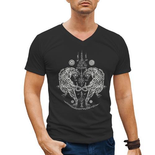 Sak Yant Thai Tattoo Twin Tiger For Muay Thai Fighter Boxing Men's V-Neck T-Shirt - Nak Muay Co.
