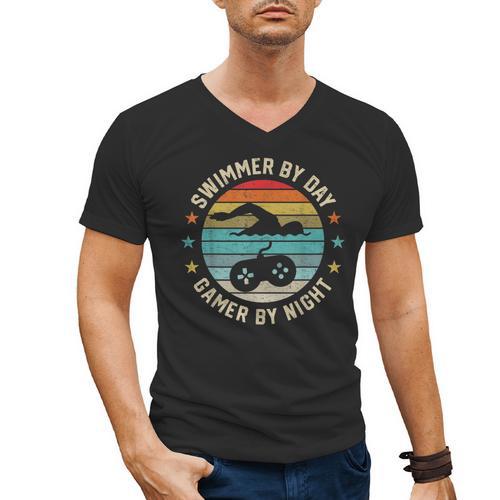 Swimmer By Day Gamer By Night Swimming Swim Lover Gaming Men's V-Neck T-Shirt - SwimGear Co